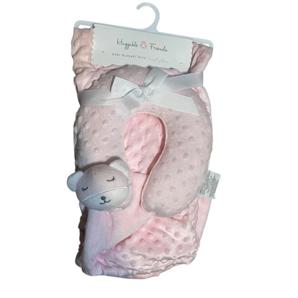 NWT Huggable Friends Pink Minky Dot Baby Blanket and Travel Neck Pillow Set Bear - Picture 2 of 10